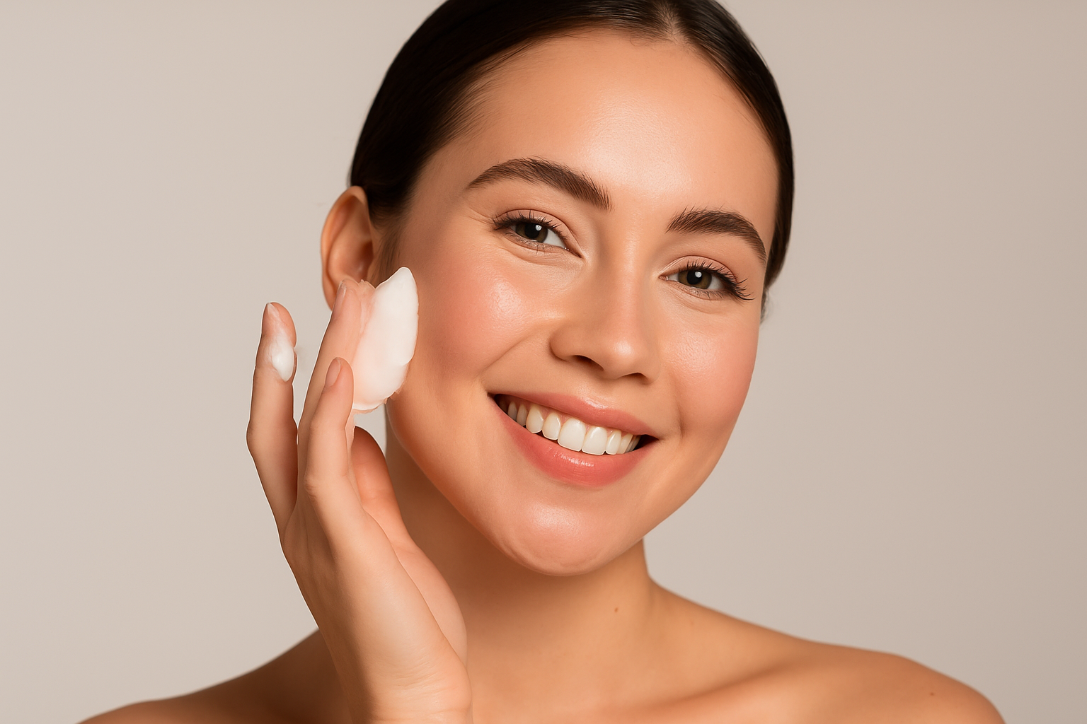 Femeie zâmbitoare cu machiaj natural și piele luminoasă, simbol al frumuseții autentice