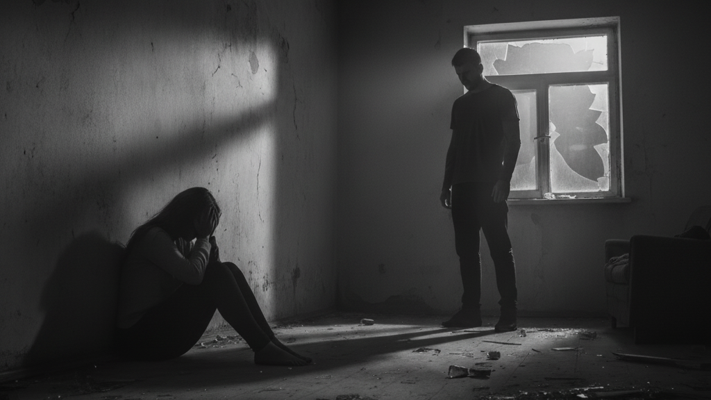 Simbol violență domestică și eșec justiție, ordin de protecție încălcat, poliție, siluetă victimă femicid