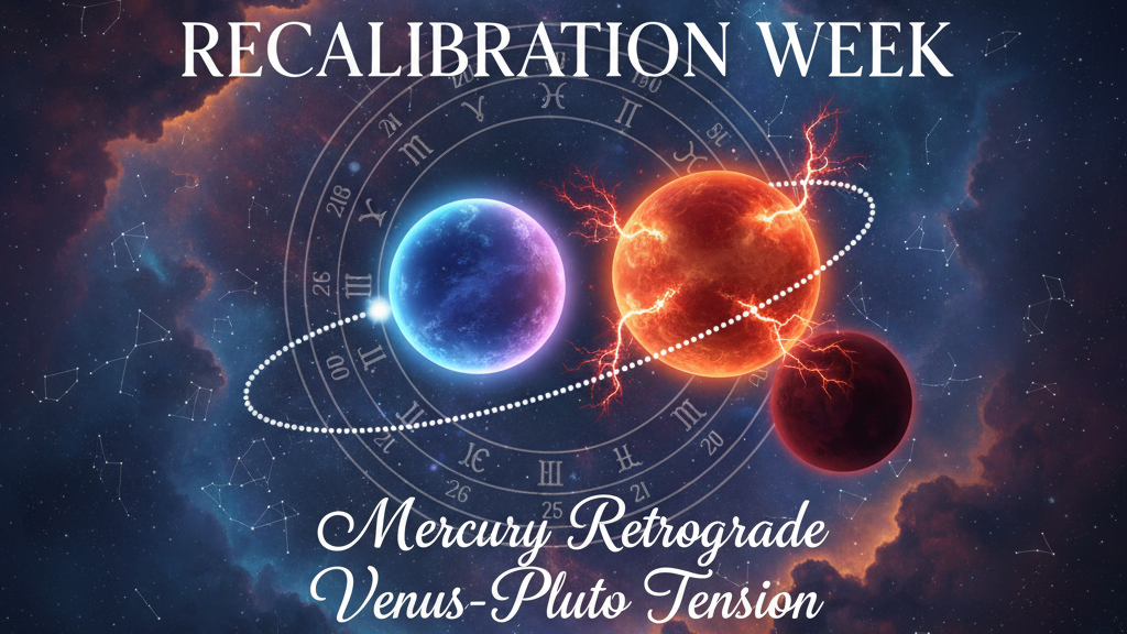 Imagine cosmică cu planete și simboluri astrologice, reprezentând aspectul Venus-Pluton și perioada de mercur retrograd