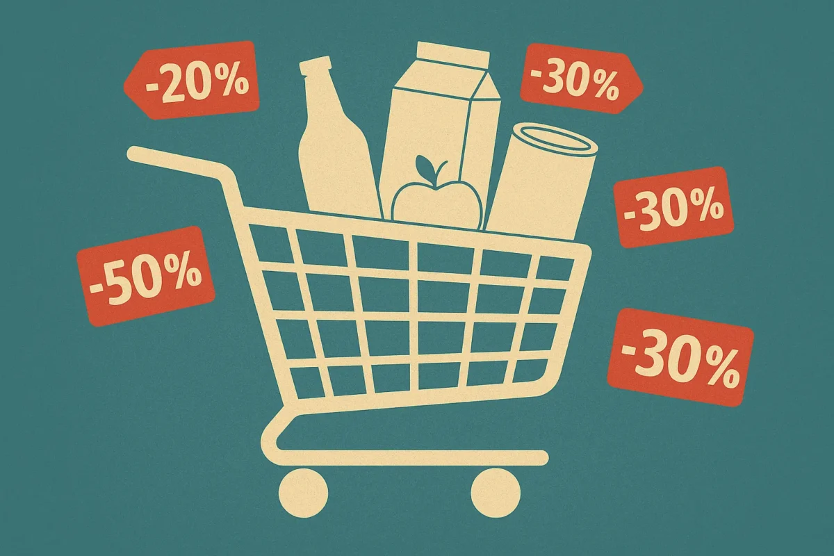 Căruț de cumpărături plin cu produse aflate la reducere, simbol al ofertelor de Black Friday 2025.