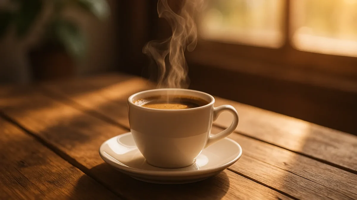 Ceașcă de cafea aburindă pe o masă de lemn, lumină caldă de dimineață, simbol al ritualului sănătos de început de zi.
