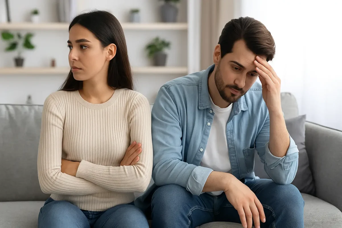 Cuplu tânăr într-o discuție tensionată, simbolizând dificultățile emoționale din relații
