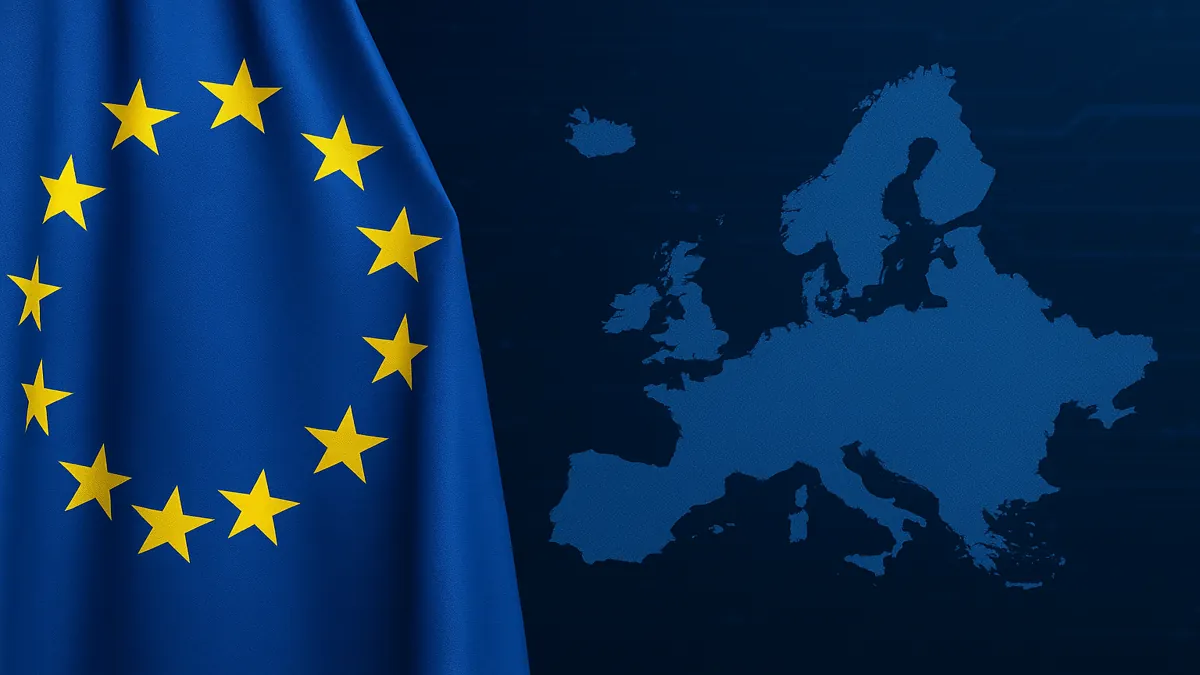 Drapelul Uniunii Europene și harta Europei luminoasă, simbolizând unitatea și cooperarea statelor membre în fața provocărilor globale.