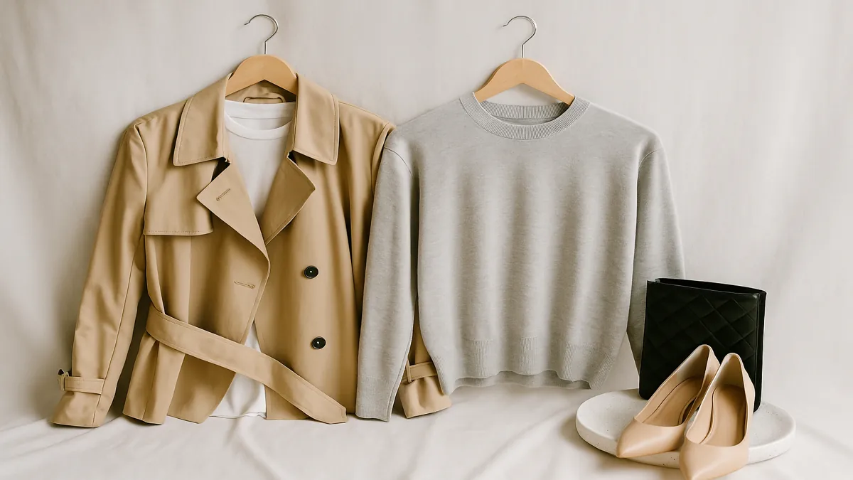 Haine minimaliste în nuanțe neutre atârnate pe un suport din lemn într-un decor elegant și luminos