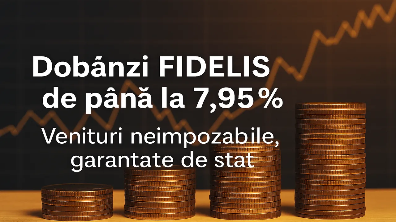 FIDELIS noiembrie 2025 cu mesajul „Dobânzi neimpozabile de până la 7,95%, garantate de statul român”.