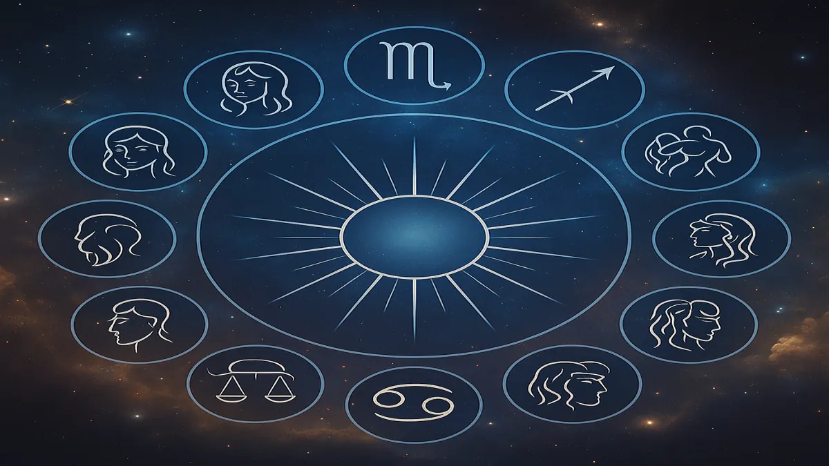 Horoscop noiembrie 2025 – Luna transformărilor profunde și a reconfigurărilor interioare 8 Ilustrație digitală cu cerc zodiacal complet și constelații sub un cer cosmic, simbolizând energia astrologică a lunii noiembrie 2025.