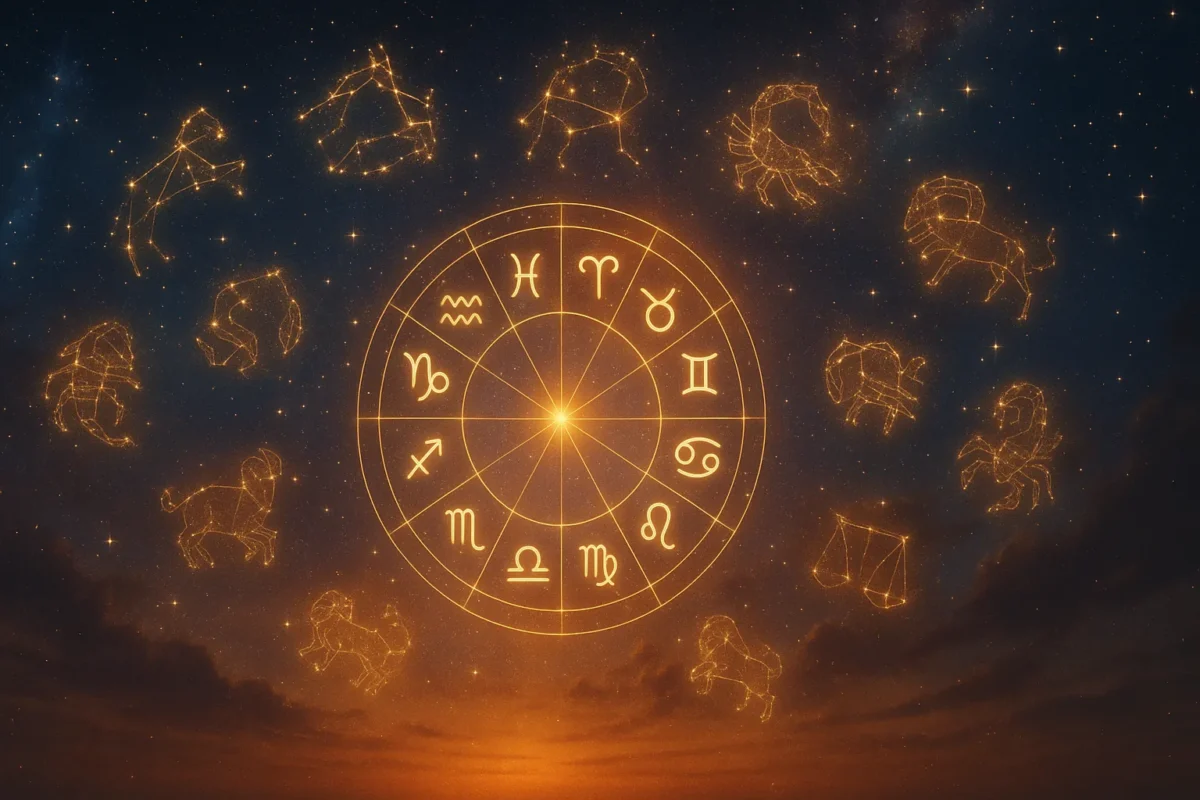 Ilustrație astrologică cu un cerc zodiacal luminos și constelații vizibile pe un cer de noapte, simbolizând energia cosmică a săptămânii 3–9 noiembrie 2025.