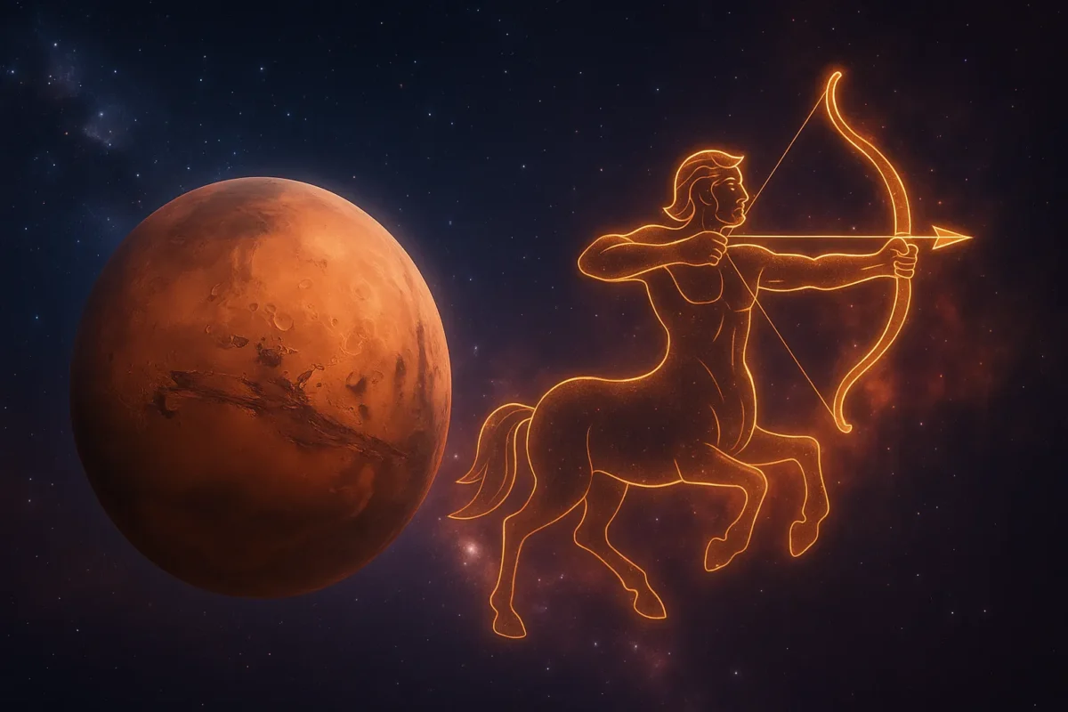 Ilustrație cosmică a planetei Marte traversând constelația Săgetătorului, pe fundal violet-auriu, simbolizând energie, curaj și expansiune spirituală.