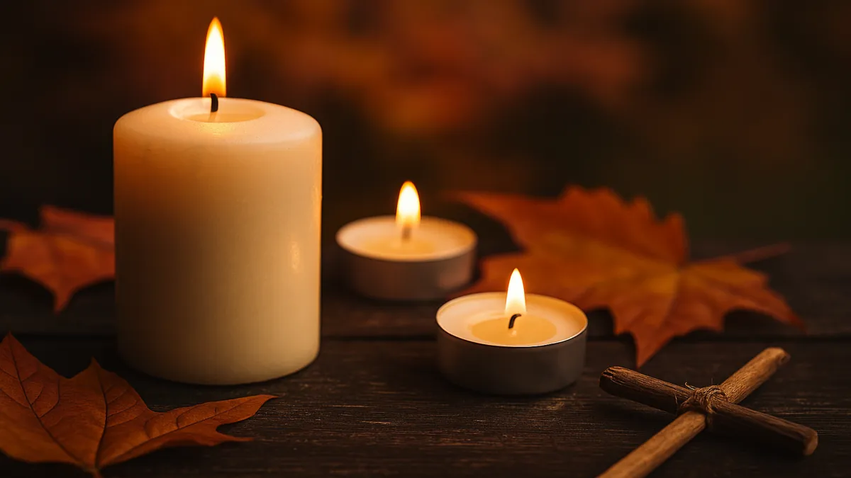 Imagine caldă cu lumânări aprinse și frunze ruginii de toamnă, simbolizând sărbătoarea Moșilor de Toamnă și recunoștința față de cei plecați.