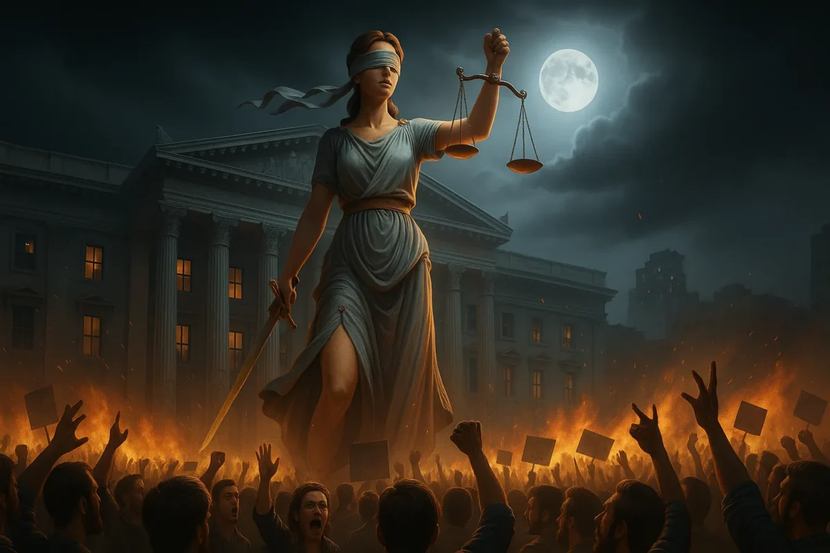 Statuia Justiției oarbe, cu balanța și sabia, planând deasupra unei mulțimi în revoltă, cu incendii și o clădire guvernamentală în fundal, sub lumina lunii pline, simbolizând lupta poporului pentru dreptate.