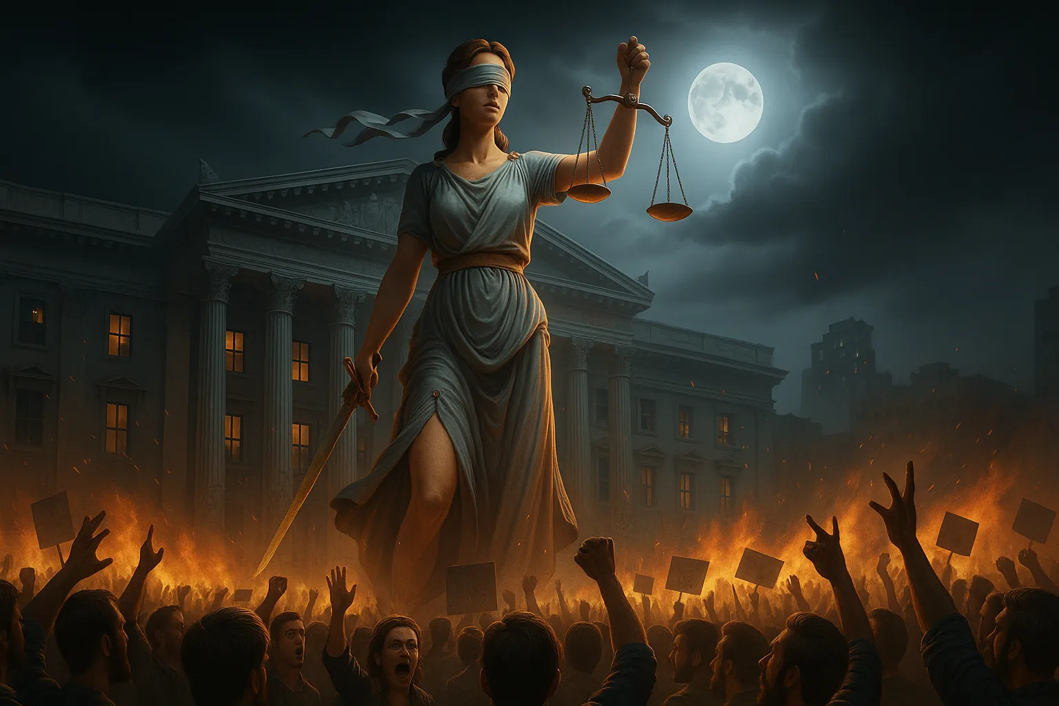 Statuia Justiției oarbe, cu balanța și sabia, planând deasupra unei mulțimi în revoltă, cu incendii și o clădire guvernamentală în fundal, sub lumina lunii pline, simbolizând lupta poporului pentru dreptate.