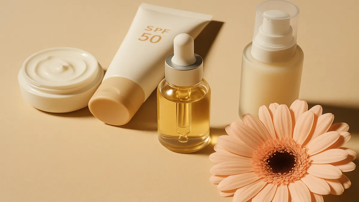 Set de produse cosmetice pentru îngrijirea pielii, cremă hidratantă, ser facial, SPF și floare decorativă pe fundal bej