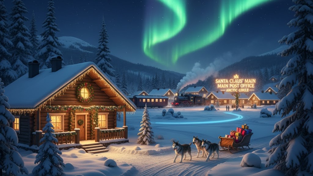 Satul lui Moș Crăciun Rovaniemi Finlanda, zăpadă, lumini festive, Aurora Boreală pe fundal, sanie cu reni, Cercul Polar Arctic