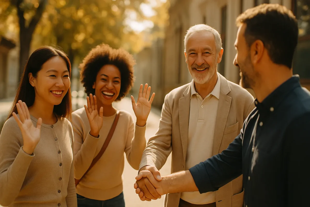 Ilustrație simbolică pentru 4 Noiembrie – Ziua Internațională a Bunului-Simț, cu oameni care se salută și zâmbesc.