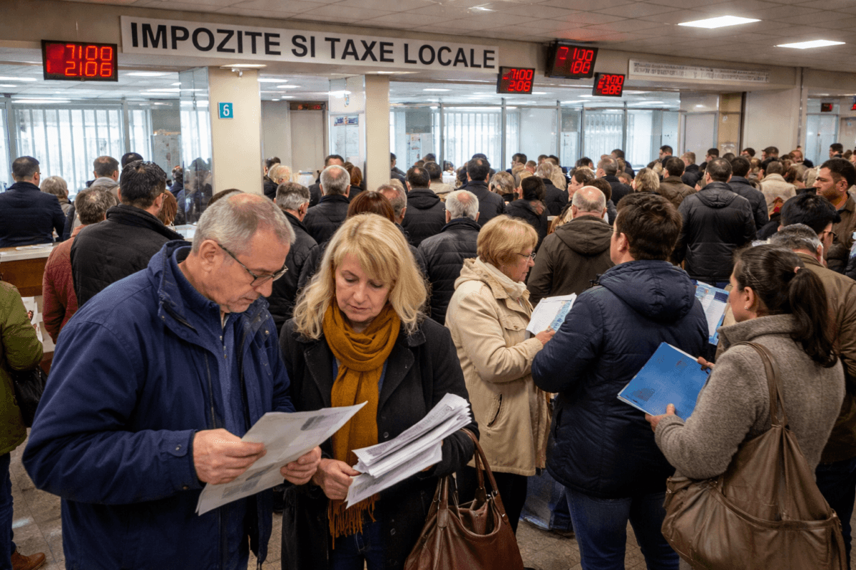 Oameni la ghișeele de taxe locale, așteptând să clarifice erori în calculele impozitelor