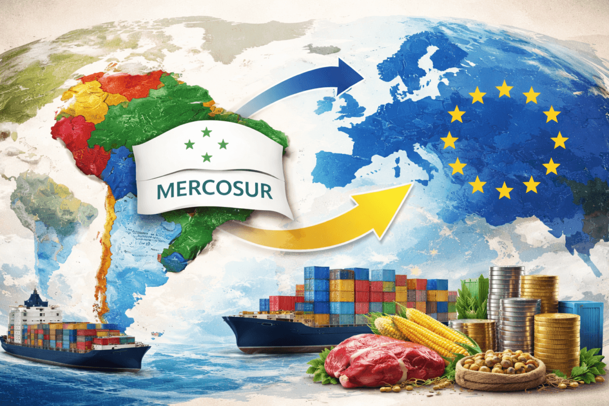 Hartă simbolică a Americii de Sud și Uniunii Europene, ilustrând Mercosur