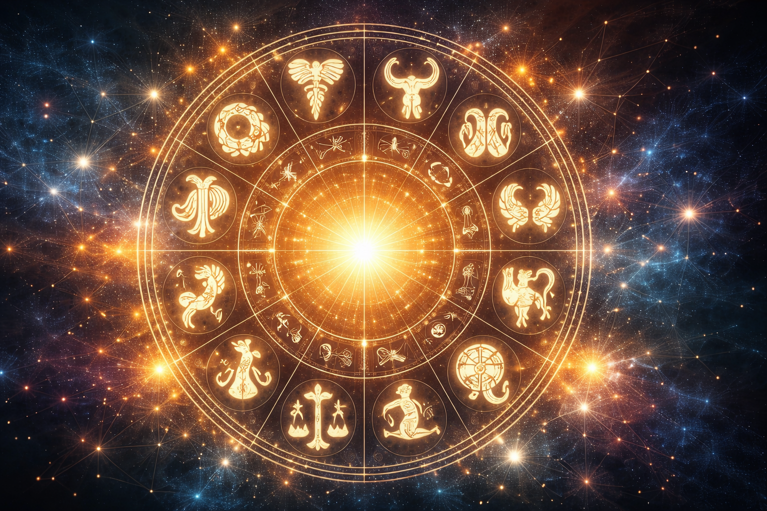 Toate cele 12 semne zodiacale reprezentate simbolic într-un cerc cosmic, cu stele și planete