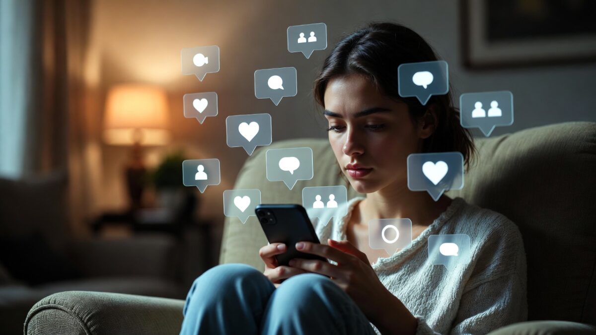 Persoană folosind telefon mobil și social media