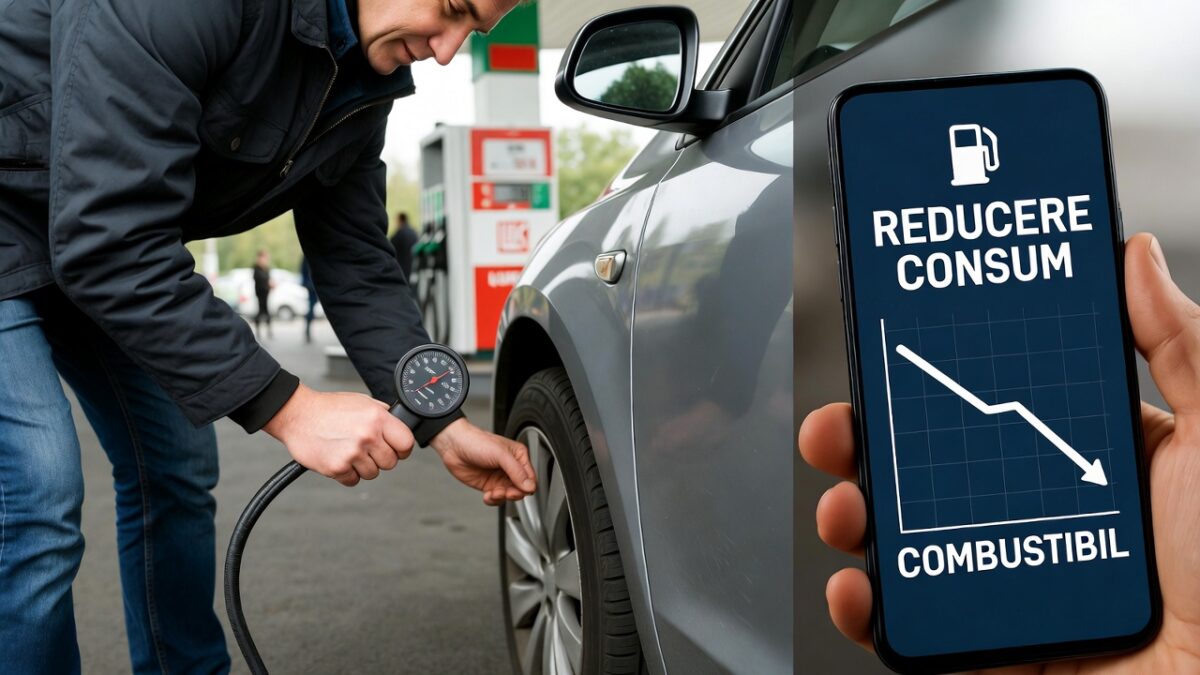 Șofer verificând presiunea în roți cu manometru la benzinărie, cu grafic consum redus pe ecran telefon