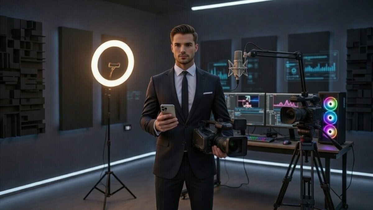 Un setup profesional de streaming cu lumini de tip ring-light și microfoane de ultimă generație într-un studio modern.