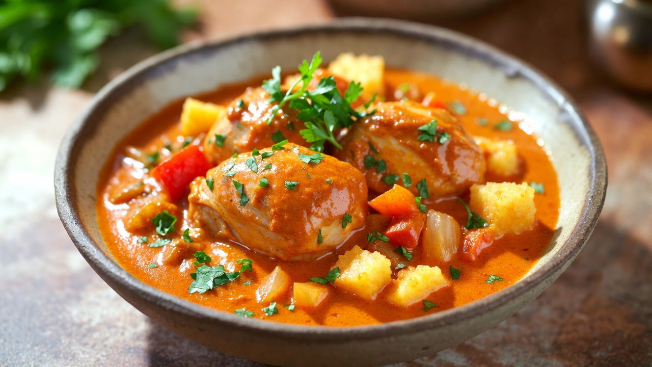 Papricaș de pui cremos, servit cu găluște și verdeață