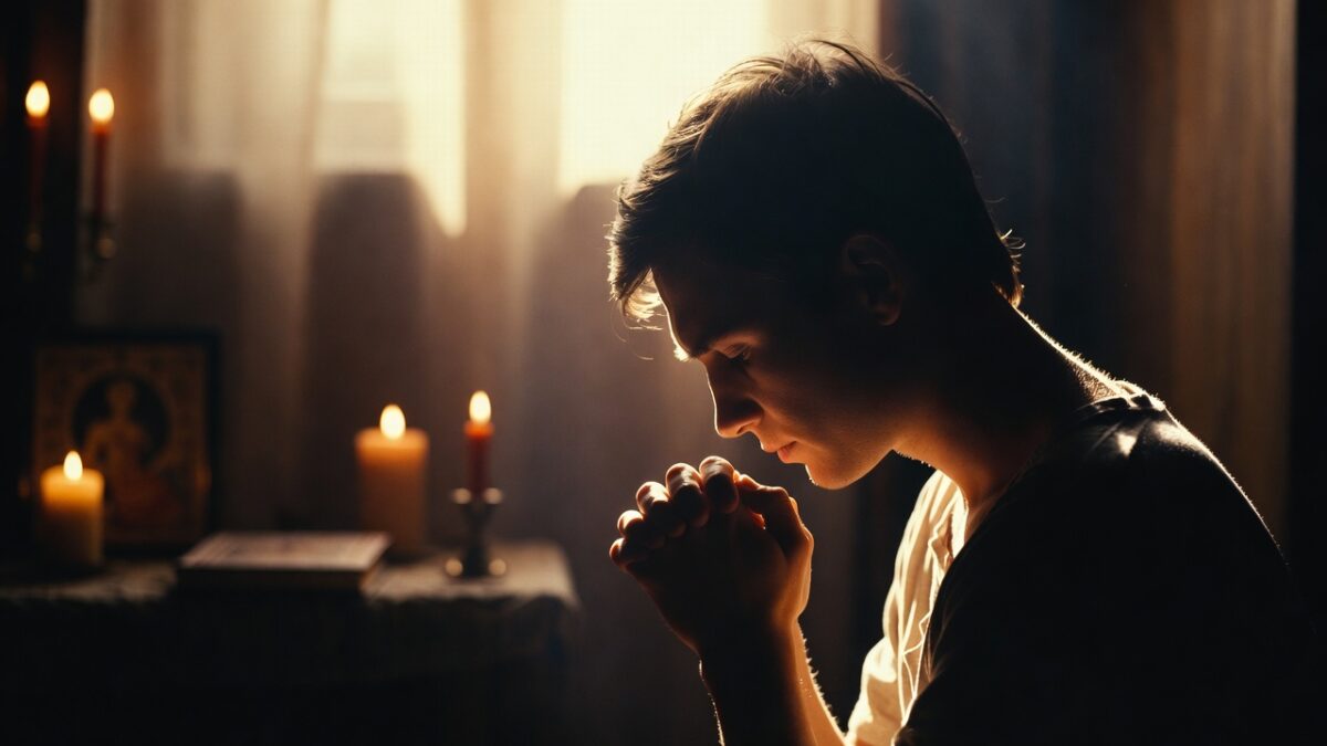 Persoană rugându-se seara, cu lumină caldă și atmosferă liniștită, pregătindu-se pentru somn