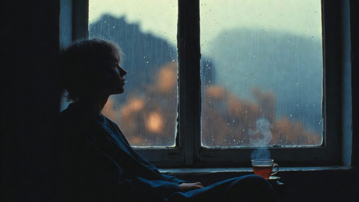 O persoană stând pe o bancă într-un parc, privind spre orizont, fără niciun dispozitiv electronic în mână.