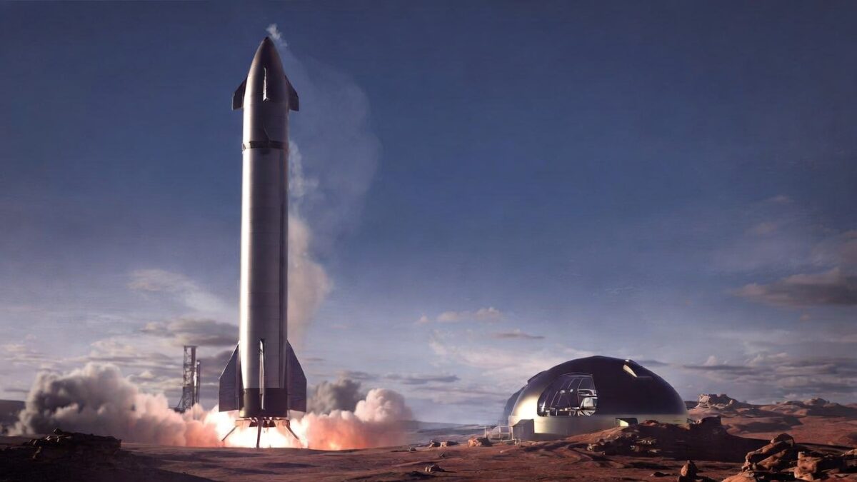 Rachetă pregătită pentru lansare pe Marte, cu fundalul planetei roșii