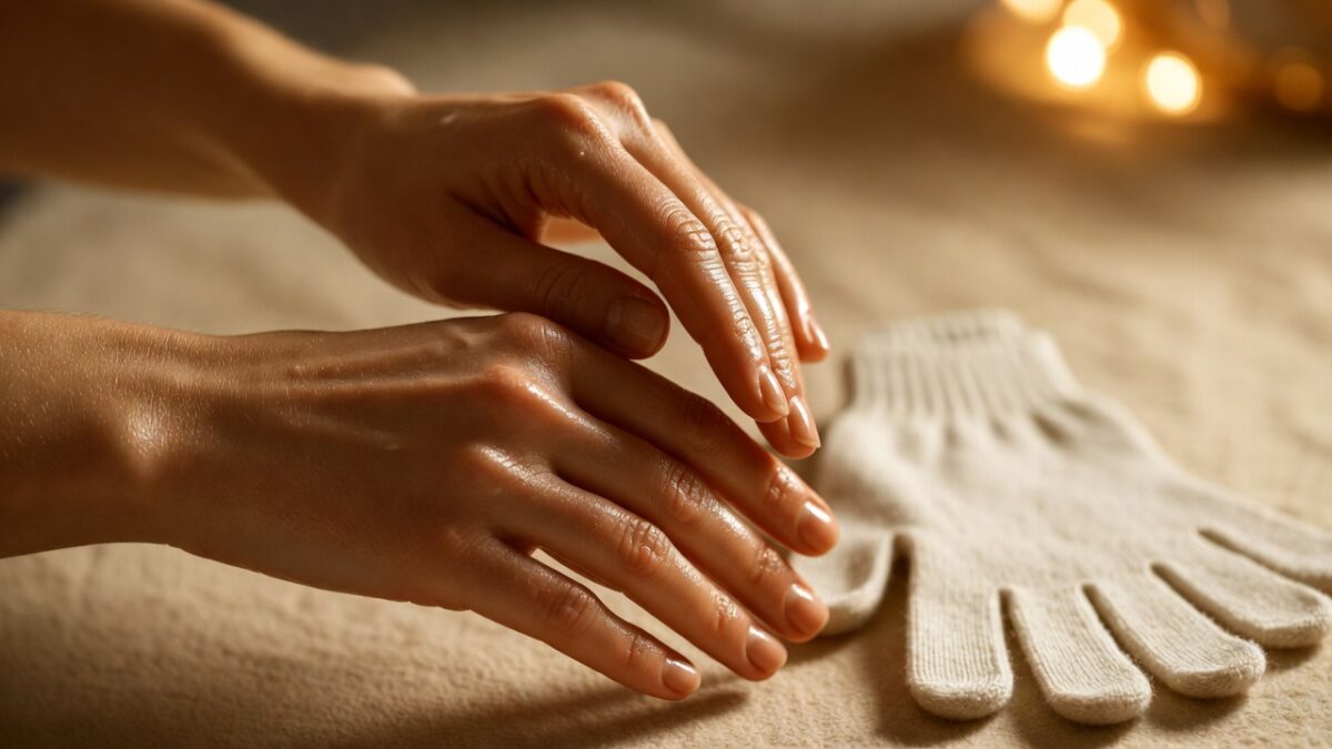 Mâini feminine hidratate, purtând mănuși de iarnă, cu cremă aplicată pe piele, ambient cald de sezon