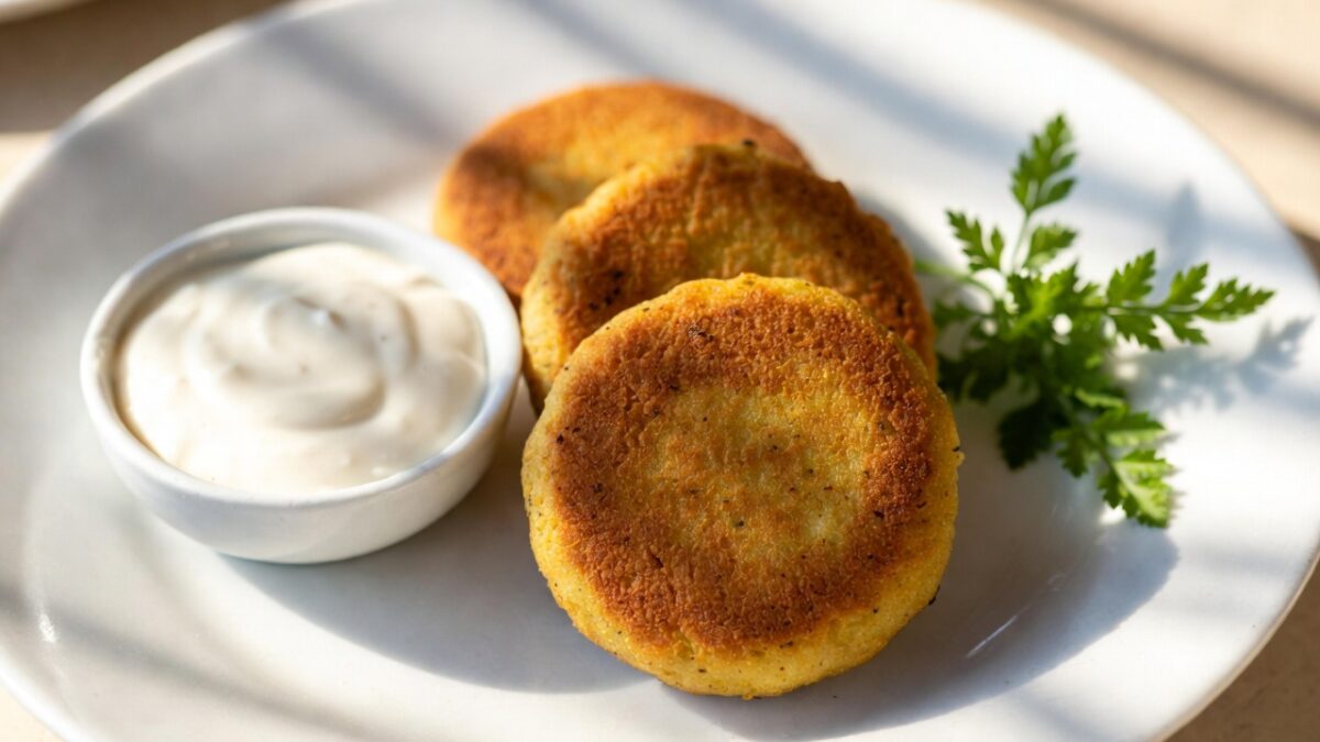 Chifteluțe de năut proaspăt gătite, servite cu sos și verdeață, prezentate elegant pe farfurie.