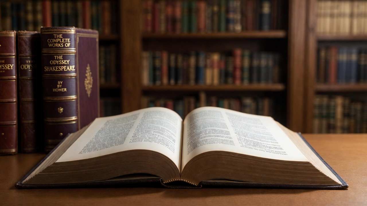 O bibliotecă cu cărți clasice deschise, simbolizând marile opere literare și impactul lor cultural