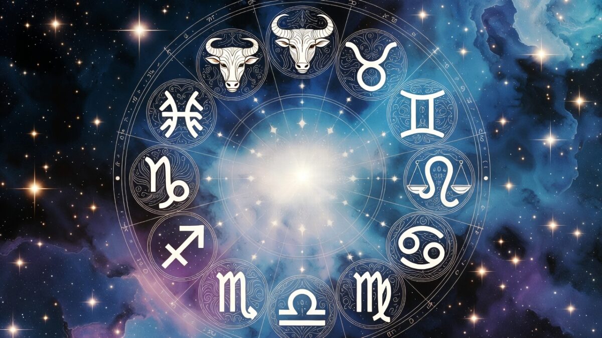 Ilustrație cu toate cele 12 zodii sub formă de simboluri astrale, pe fundal cosmic albastru-violet, reprezentând horoscopul zilei 25februarie 2026.