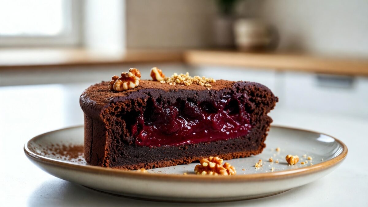 Felie generoasă de negresă de post cu gem de prune, pudră de cacao și nucă măcinată, pe farfurie albă