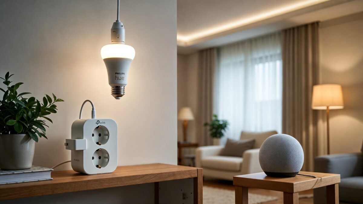 Apartament modern cu bec inteligent aprins, priză smart și boxă Google Nest pe masă