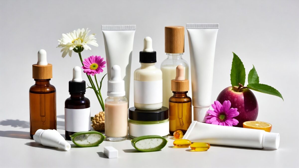 Cosmetice cu ingrediente active pe fundal neutru, cu etichete vizibile și culori realiste
