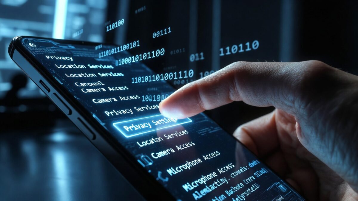 Un smartphone afișând o pictogramă de lacăt și un scut de protecție pe un fundal cu circuite digitale.