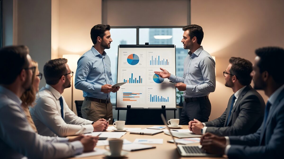 Un antreprenor prezintă planul de afaceri investitorilor, cu grafic de creștere și documente financiare pe birou.