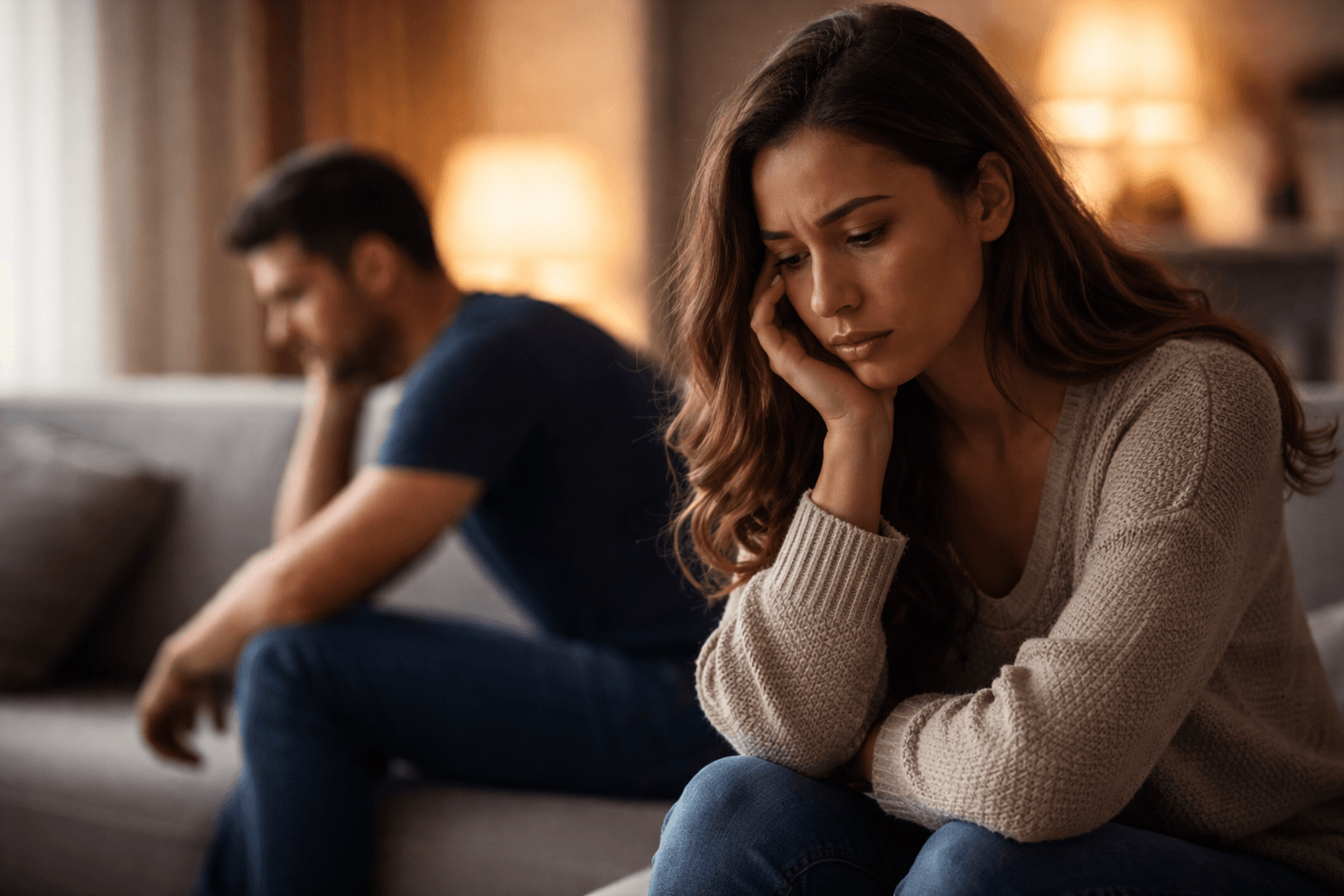 Persoană stând pe canapea într-o stare de reflecție, sugerând o relație tensionată