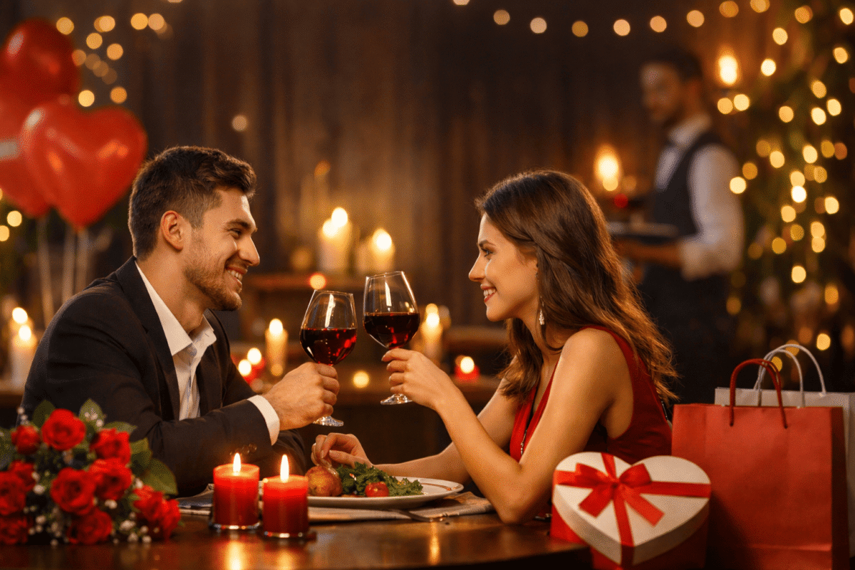 Cuplu la cină romantică de Valentine’s Day într-un restaurant