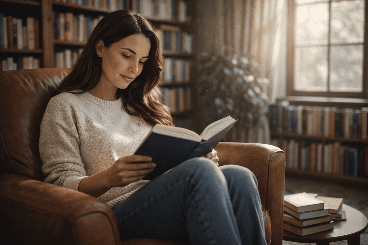 Persoană citind o carte în bibliotecă