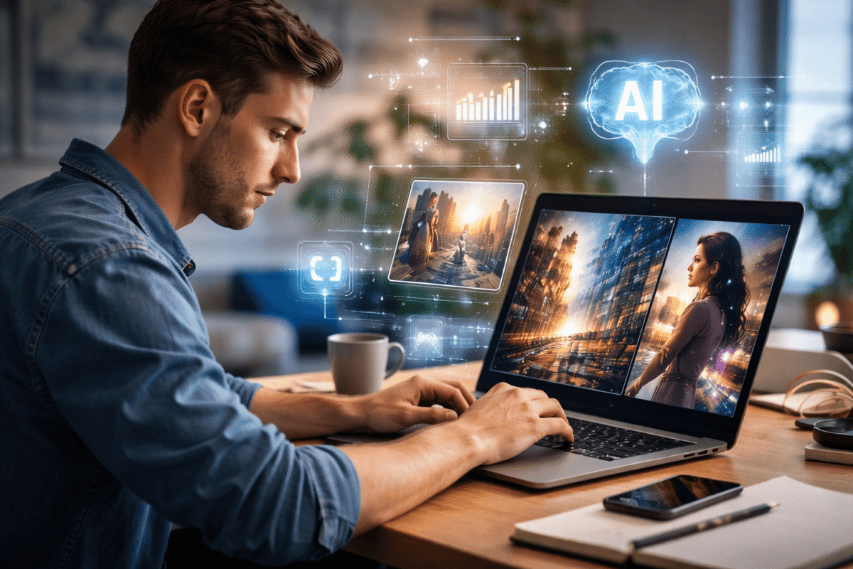 Un tânăr lucrează pe laptop, iar pe ecran apar imagini generate de AI, ilustrând creativitatea și tehnologia