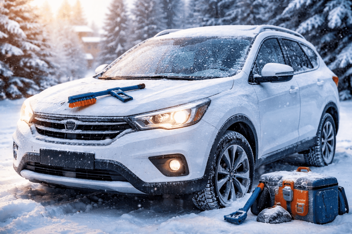 Mașină parcată pe zăpadă, cu strat subțire de gheață pe parbriz, simbolizând protejarea mașinii iarna