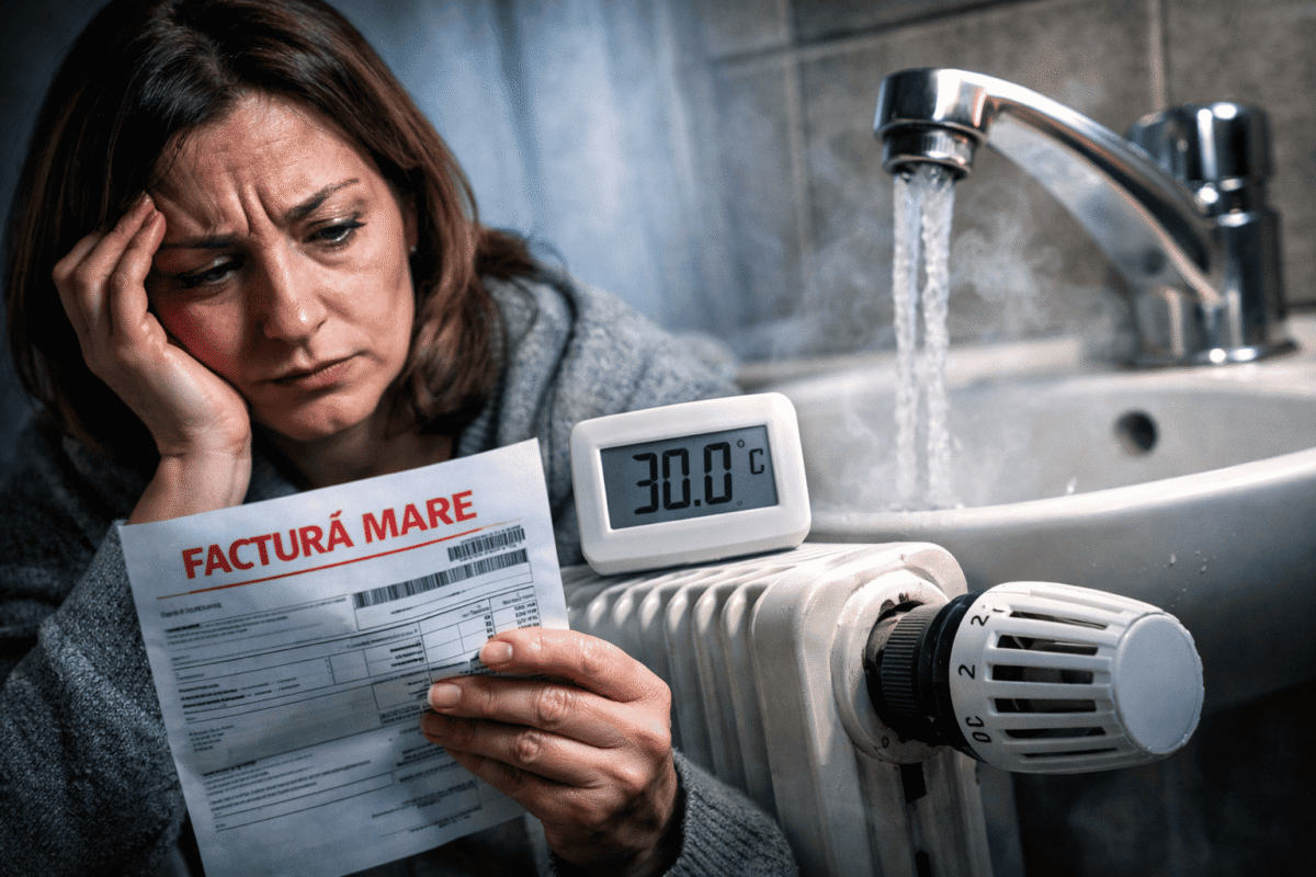 Femeie îngrijorată analizând o factură mare la întreținere, lângă un calorifer călduț de 30 de grade și robinet cu apă caldă în apartament din București