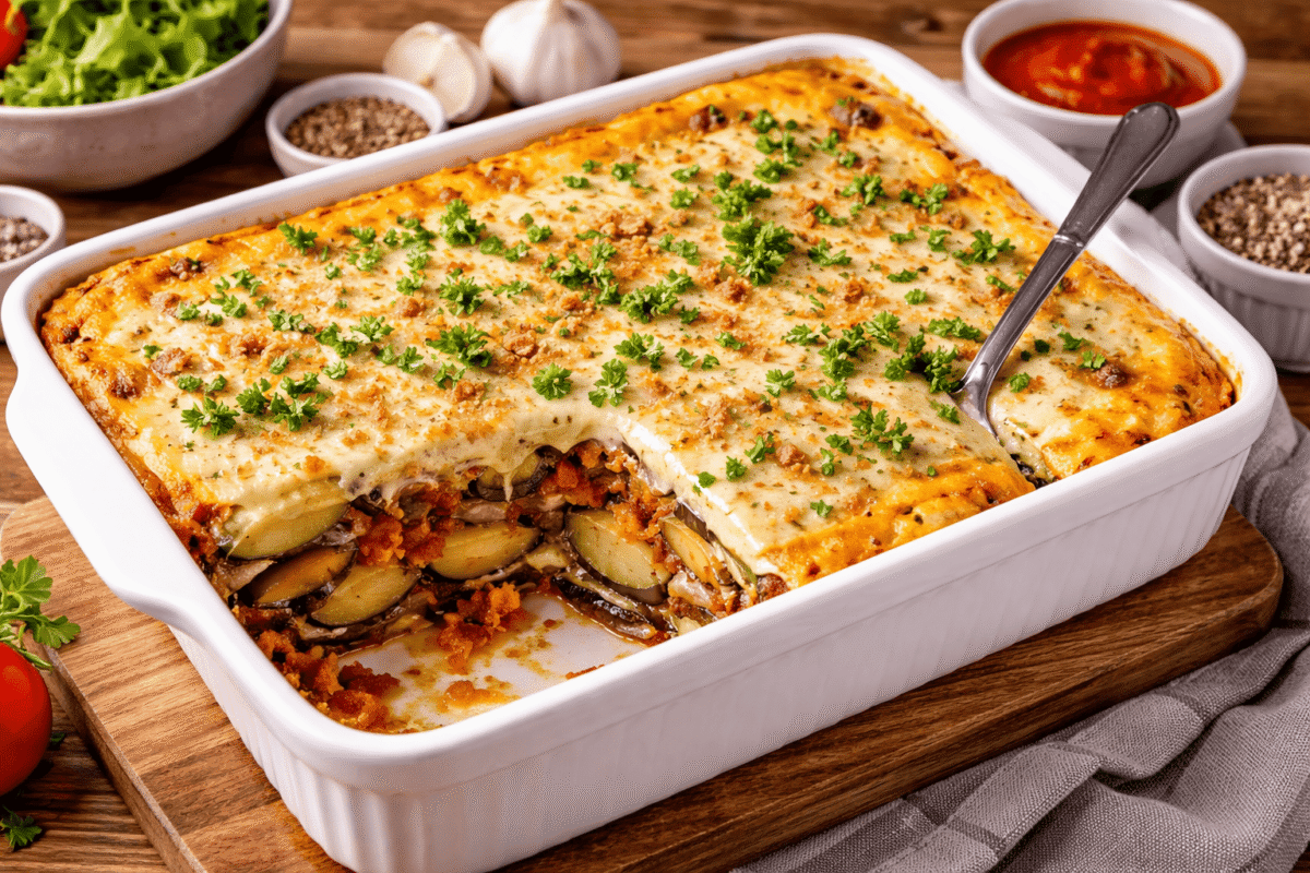 Tavă cu musaca de post, stratificată cu legume și sos cremos, gata de servit