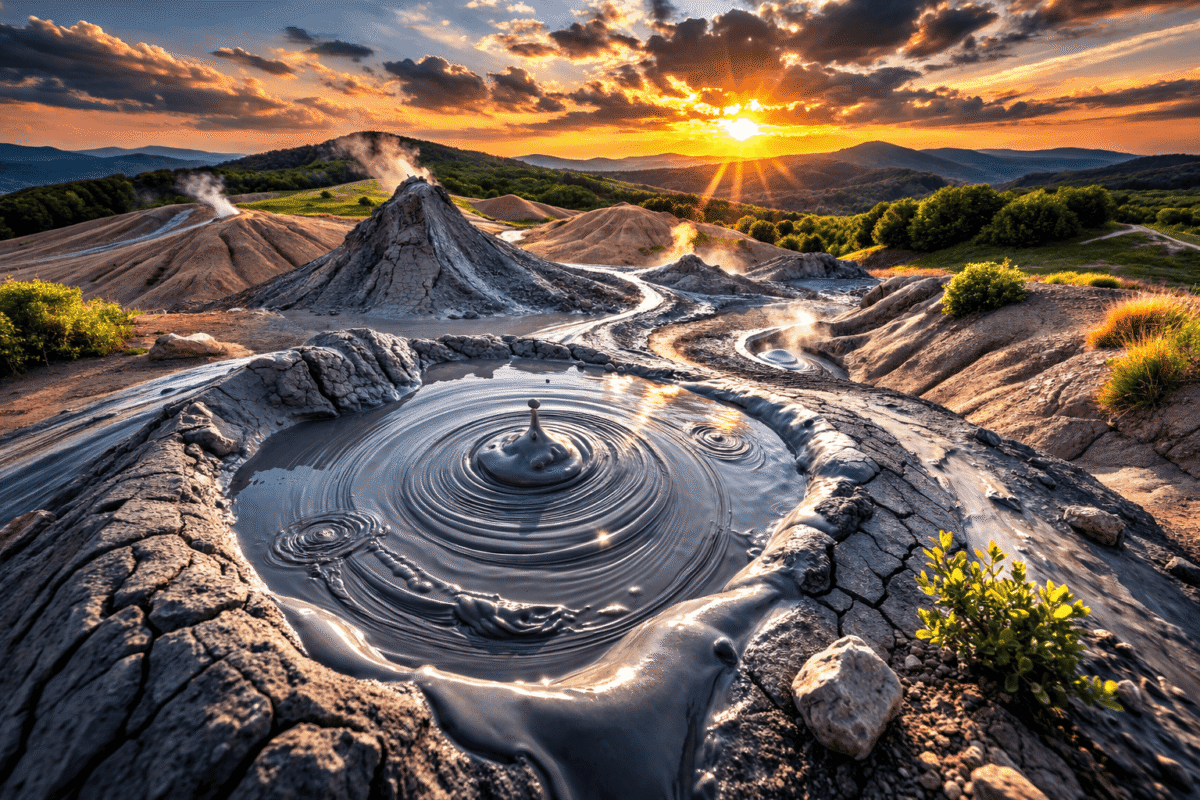 Vulcanii Noroioși din Buzău la apus, cu conuri de nămol fumegând și peisaj de dealuri în fundal.