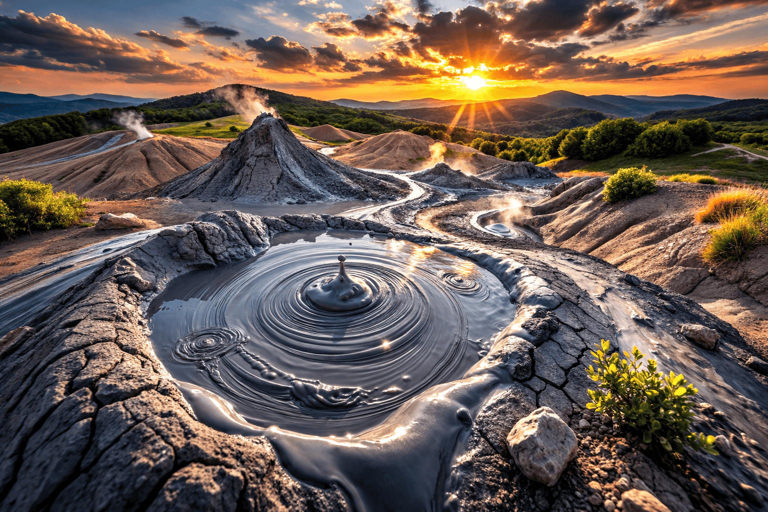 Vulcanii Noroioși din Buzău la apus, cu conuri de nămol fumegând și peisaj de dealuri în fundal.