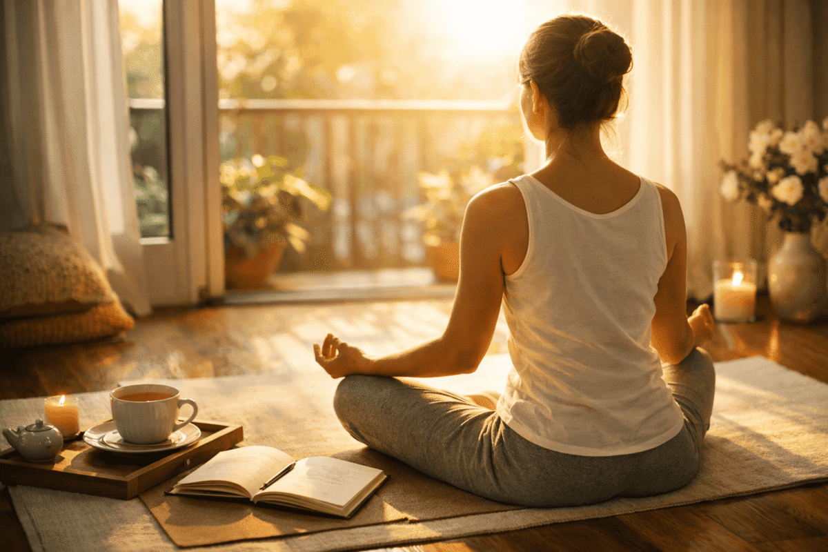 O dimineață luminoasă cu o persoană meditând în lumină naturală, cu o ceașcă de ceai și jurnal lângă ea.