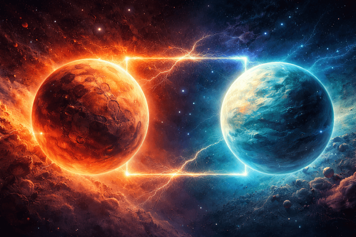 Planete Marte și Uranus în spațiu, conectate printr-o linie care simbolizează un careu astrologic, cu fundal cosmic și stele.