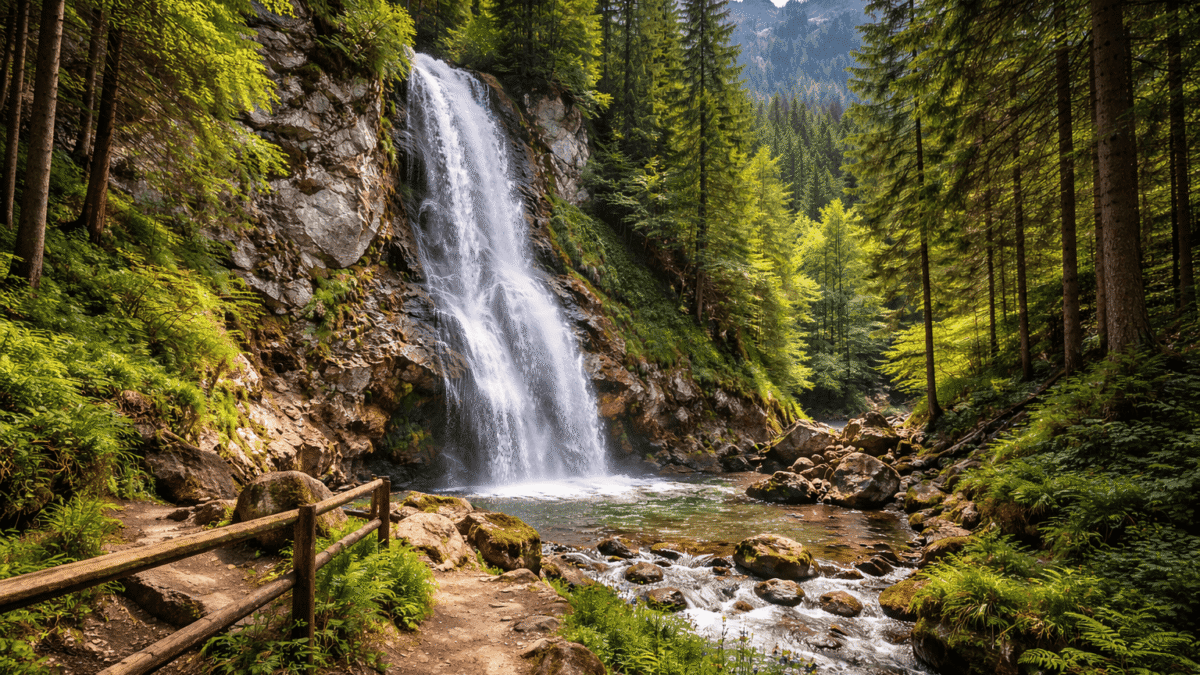 Cascada Urlătoarea în Munții Bucegi, cu apă curgând printre stânci și pădure, pe fundal de munte