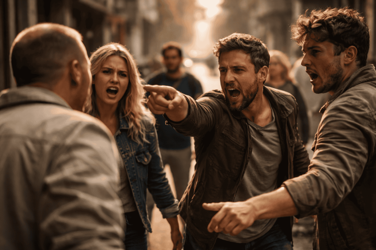 Grup de oameni aflați într-un conflict urban, cu gesturi tensionate, ilustrând agresivitatea socială